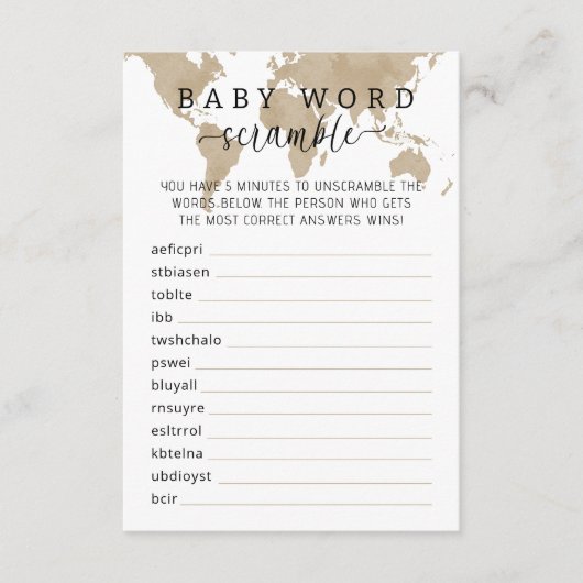 Carte D'accompagnement Baby shower Voyage Word Scramble Jeu (Devant)