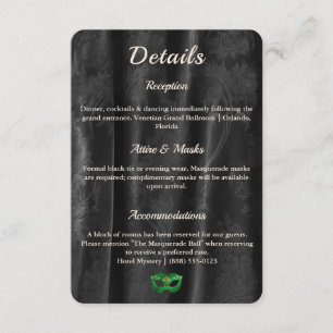Carte D'accompagnement Bal de masque en vert émeraude et damas noir