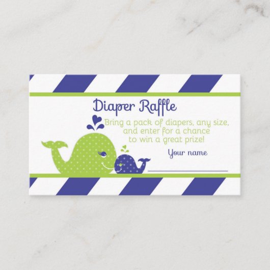 Carte D'accompagnement Baleine Baby shower Déchets Raffle Ticket, Navy Gr (Devant)