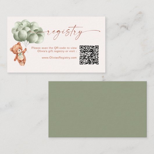 Carte D'accompagnement Ballons d'ours en peluche Sage Green QR Code Regis (Devant / Derrière)