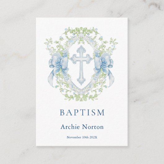 Carte D'accompagnement Baptême Croix Crest Verdure Baby Boy (Devant)