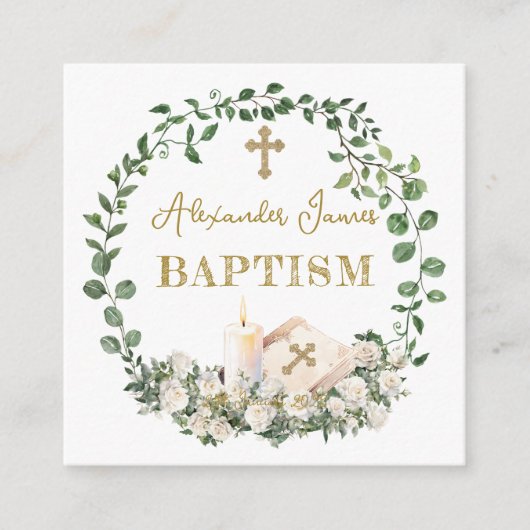 Carte D'accompagnement Baptême Eucalyptus Roses Croix (Devant)