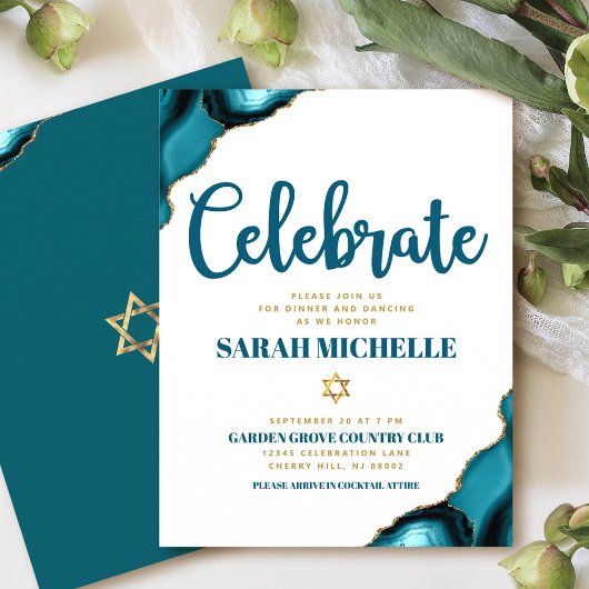 Carte D'accompagnement Bar Mitzvah Moderne Or Turquoise Agate Script