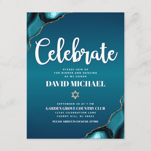 Carte D'accompagnement Bar Mitzvah Moderne Turquoise Ombre Agate Script (Devant)