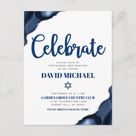 Carte D'accompagnement Bar Mitzvah Simple Marine Blue Agate Moderne Scrip (Devant)