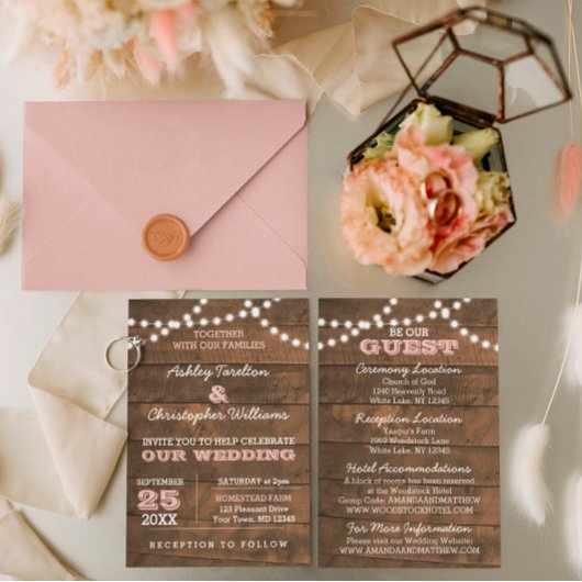 Carte D'accompagnement Barnwood Lights Pink Mariage Information Card
