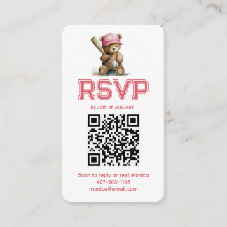 Carte D'accompagnement Baseball Girl Teddy Bear Baby Shower QR RSVP 
