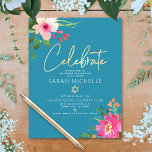 Carte D'accompagnement Bat mitzvah Bleu Aquarelle Floral Gold Script<br><div class="desc">Soyez fier, réjouissez-vous et présentez cette étape importante de votre Bat mitzvah préféré ! Inclure cette encart moderne, brillant et personnalisé pour plus d'informations sur votre événement. Une étonnante aquarelle fleurie rose et pêche avec typographie de feuille d'or faux et type sans serif blanc moderne superposent un arrière - plan...</div>