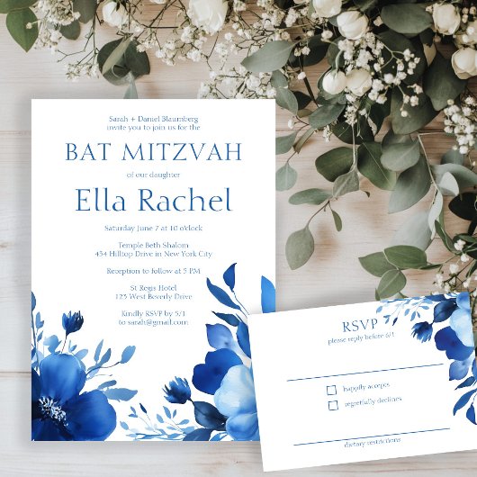 Carte D'accompagnement Bat mitzvah d'aquarelle Bleu Blooms PERSONNALISÉ R