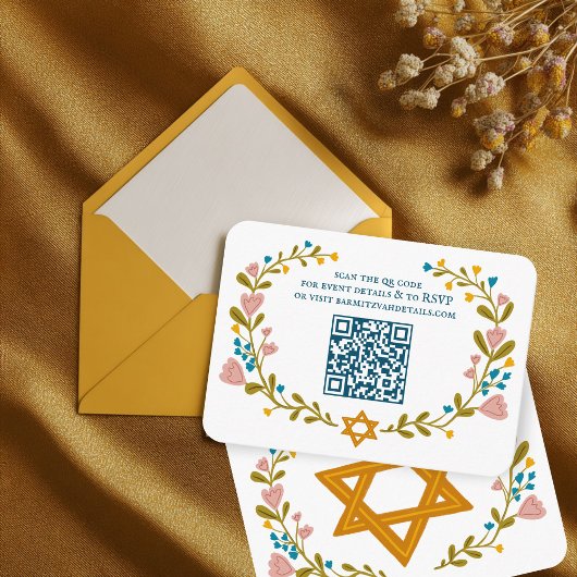 Carte D'accompagnement Bat mitzvah de couronne florale Code QR personnali