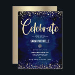 Carte D'accompagnement Bat mitzvah Marine Gold Parties scintillant à huil<br><div class="desc">Soyez fier, réjouissez-vous et présentez cette étape importante de votre Bat mitzvah préféré ! Inclure ce superbe encart moderne et personnalisé pour plus d'informations sur votre événement. Le script de calligraphie de feuille d'or, Star of David, et les confettis, superposent un arrière - plan d'aquarelle bleu marine, riche, spectaculaire. Personnalisez...</div>