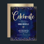 Carte D'accompagnement Bat mitzvah Marine Gold Parties scintillant à huil<br><div class="desc">Soyez fier, réjouissez-vous et présentez cette étape importante de votre Bat mitzvah préféré ! Inclure ce superbe encart moderne et personnalisé pour plus d'informations sur votre événement. Le script de calligraphie de feuille d'or, Star of David, et les confettis, superposent un arrière - plan d'aquarelle bleu marine, riche, spectaculaire. Personnalisez...</div>