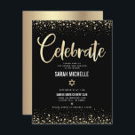 Carte D'accompagnement Bat mitzvah moderne Black Gold Parties scintillant<br><div class="desc">Soyez fier, réjouissez-vous et présentez cette étape importante de votre Bat mitzvah préféré ! Inclure ce superbe encart moderne et personnalisé pour plus d'informations sur votre événement. Scénario de calligraphie de film d'or imitation graphique, Star of David, et confetti, superposent un riche, dramatique, arrière - plan noir. Personnalisez le texte...</div>