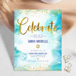 Carte D'accompagnement Bat mitzvah moderne feuille or turquoise aquarelle<br><div class="desc">Soyez fier, réjouissez-vous et présentez cette étape importante de votre Bat mitzvah préféré ! Inclure cette fausse feuille d'or brillant, moderne et étonnante, des points de parties scintillant et un script de typographie contre un arrière - plan d'aquarelle turquoise, insert personnalisé pour des informations supplémentaires à votre événement. Personnalisez le...</div>