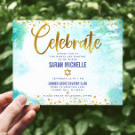 Carte D'accompagnement Bat mitzvah moderne feuille or turquoise aquarelle<br><div class="desc">Soyez fier, réjouissez-vous et présentez cette étape importante de votre Bat mitzvah préféré ! Inclure cette fausse feuille et parties scintillant brillante, moderne et brillante, contre un arrière - plan d'aquarelle turquoise, insert horizontal personnalisé pour des informations supplémentaires à votre événement. Personnalisez le texte personnalisé avec le nom, la date...</div>