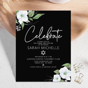 Carte D'accompagnement Bat Mitzvah Noir Argent Écriture Aquarelle Floral