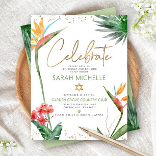 Carte D'accompagnement Bat Mitzvah Or Tropical Script Floral Aquarelle