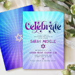 Carte D'accompagnement Bat mitzvah Retro Boho violet bleu dégradé gras<br><div class="desc">Soyez fier, réjouissez-vous et présentez cette étape importante de votre Bat mitzvah préféré ! Inclure ce rétro boho super, insert personnalisé pour des informations supplémentaires à votre événement. Une typographie violette et bleu marine amusante, tendance et audacieuse, avec une typographie sans serif moderne, recouvre un arrière - plan de rayons...</div>