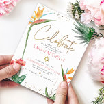 Carte D'accompagnement Bat mitzvah Tropical Gold Script Floral Aquarelle<br><div class="desc">Soyez fier, réjouissez-vous et présentez cette étape importante de votre Bat mitzvah préféré ! Inclure cette encart moderne, brillant et personnalisé pour plus d'informations sur votre événement. Élégant, étonnant, coloré, oiseaux d'aquarelle tropicale des fleurs de paradis, faux écriture manuscrite or, Star of David et points de parties scintillant, avec le...</div>
