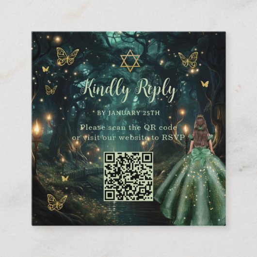 Carte D'accompagnement Bat mitzvah vert émeraude de forêt enchantée QR RS (Devant)