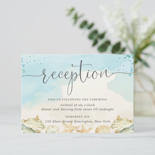 Carte D'accompagnement Beach Ocean Shells Destination Mariage Réception (Debout devant)