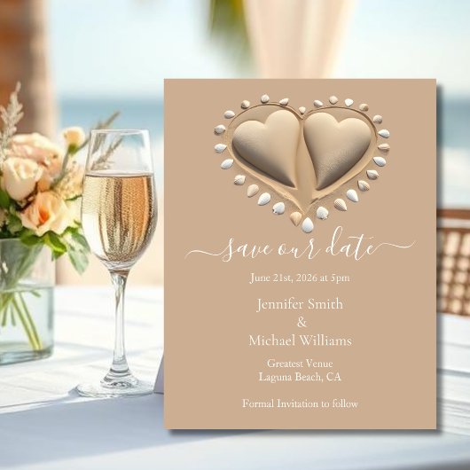 Carte D'accompagnement Beach Wedding Sand Hearts-Save Our Date