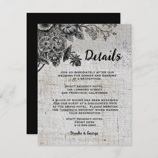 Carte D'accompagnement Beau Mariage de Fleurs Noir & Gris (Devant / Derrière)