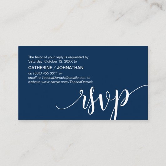 Carte D'accompagnement Beau Script bleu marine, RSVP répondre (Devant)