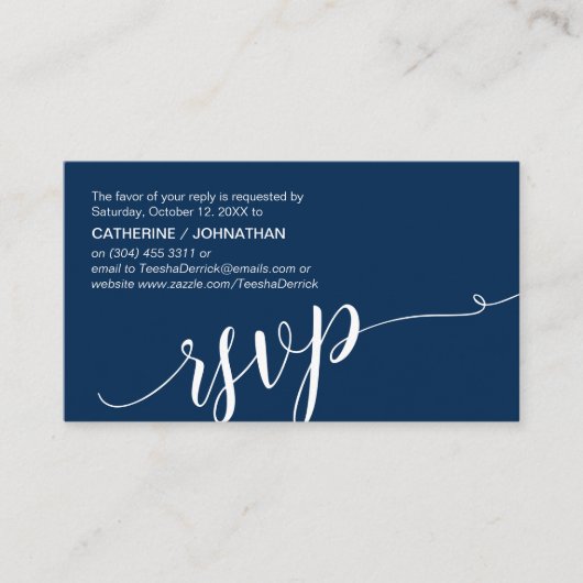 Carte D'accompagnement Beau Script bleu marine, RSVP répondre (Devant)