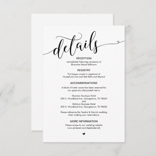 Carte D'accompagnement Beau, Script noir, Détails Mariage (Devant / Derrière)