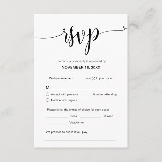 Carte D'accompagnement Beau script noir, RSVP, Répondre (Devant)