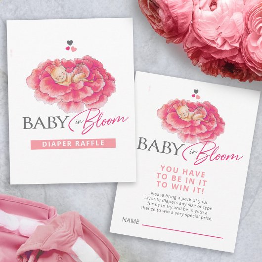 Carte D'accompagnement Bébé en fleur baby shower rose tombole
