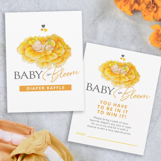 Carte D'accompagnement Bébé en fleur jaune baby shower tombole