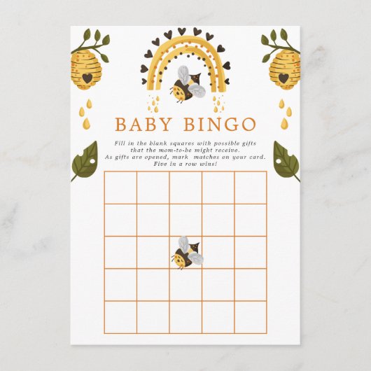 Carte D'accompagnement Bee Honeypeb Baby shower Bumblebee Bingo Jeu (Devant)