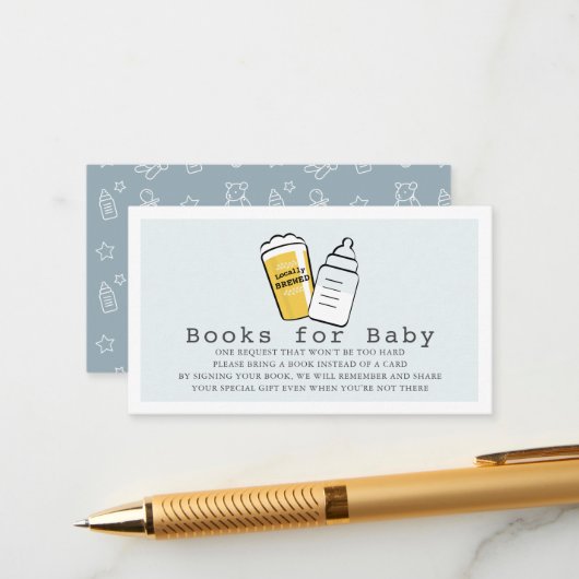 Carte D'accompagnement Beer & Baby Bottle Blue Baby Shower Book Request (Devant/Arrière en situation)