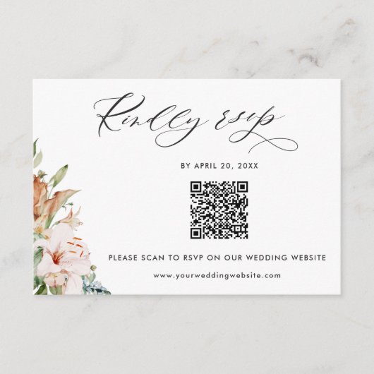 Carte D'accompagnement Beige Earthy Blooms QR Code Rsvp Mariage en ligne (Devant)