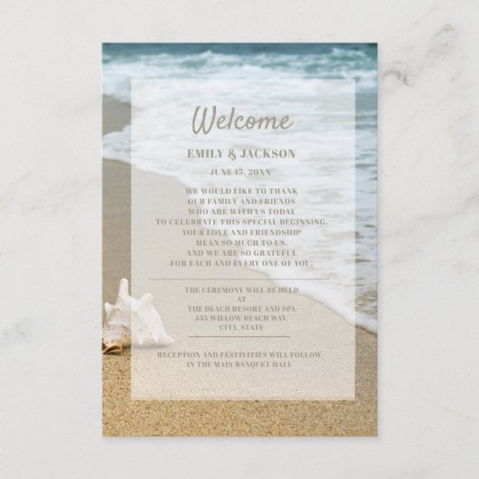 Carte D'accompagnement Bienvenue au mariage sur la plage de sable et l'oc (Devant)