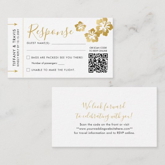 Carte D'accompagnement Billet Mini QR RSVP Hawaii Mariage Boarding Pass (Devant / Derrière)