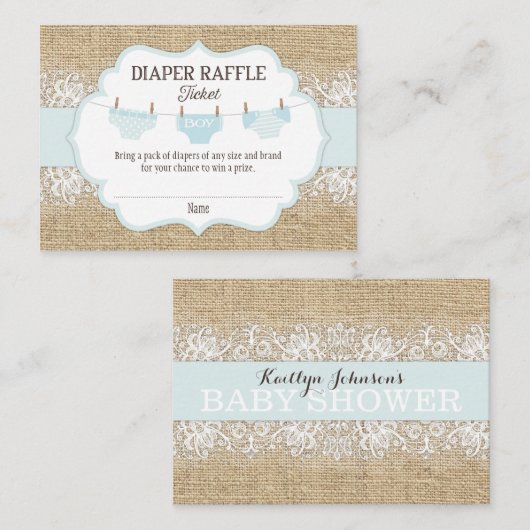 Carte D'accompagnement Billet Rustique Burlap Dentelle Bleu Garçon Déchet (Devant / Derrière)