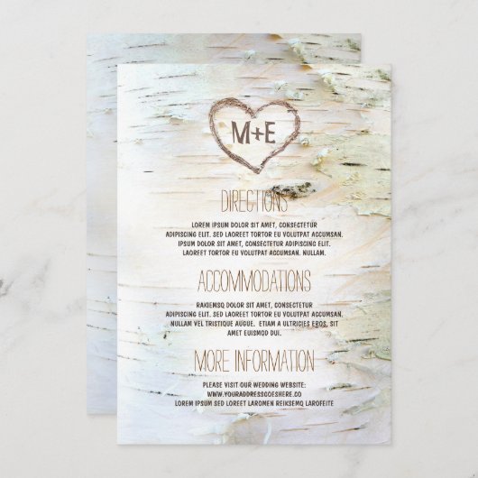 Carte D'accompagnement Birch Bark Heart Rustic Mariage Information (Devant / Derrière)