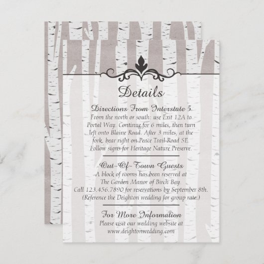 Carte D'accompagnement Birch Tree Rustic Mariage Détails / Directions (Devant / Derrière)