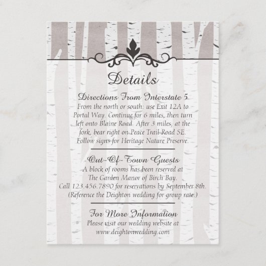 Carte D'accompagnement Birch Tree Rustic Mariage Détails / Directions (Devant)