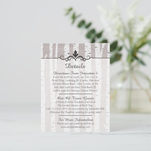 Carte D'accompagnement Birch Tree Rustic Mariage Détails / Directions (Debout devant)