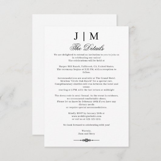 Carte D'accompagnement Black & Classic Monogram Wedding Reception (Devant / Derrière)