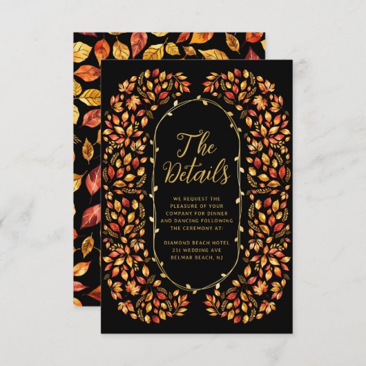 Carte D'accompagnement Black Fall Rustic Feuilles Boho Détails du Mariage (Devant / Derrière)