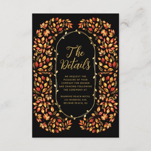Carte D'accompagnement Black Fall Rustic Feuilles Boho Détails du Mariage (Devant)