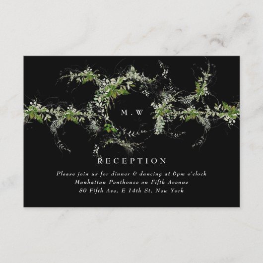 Carte D'accompagnement Black Formal Eucalyptus Wreath Monogram Wedding (Devant)