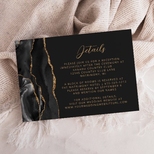 Carte D'accompagnement Black Gold Agate Modern Script Wedding Details