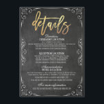Carte D'accompagnement Black Gold Chalkboard Détails du Mariage Informati<br><div class="desc">Instructions pour le mariage / Hébergements et cartes d'information / Carte d'information pour le client / Cartes de détails pour le Mariage. Elégant cadre Vintage blanc floral avec Arrière - plan de tableau noir Grunge. Tous les styles de texte,  couleurs,  tailles peuvent être modifiés selon vos besoins !</div>