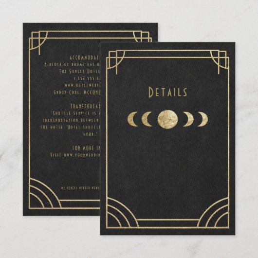 Carte D'accompagnement Black & gold deco wedding details card (Devant / Derrière)